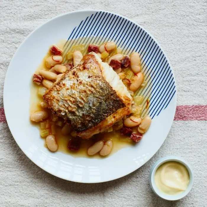 Seared White Fish Lounging on Spicy Bean Stew