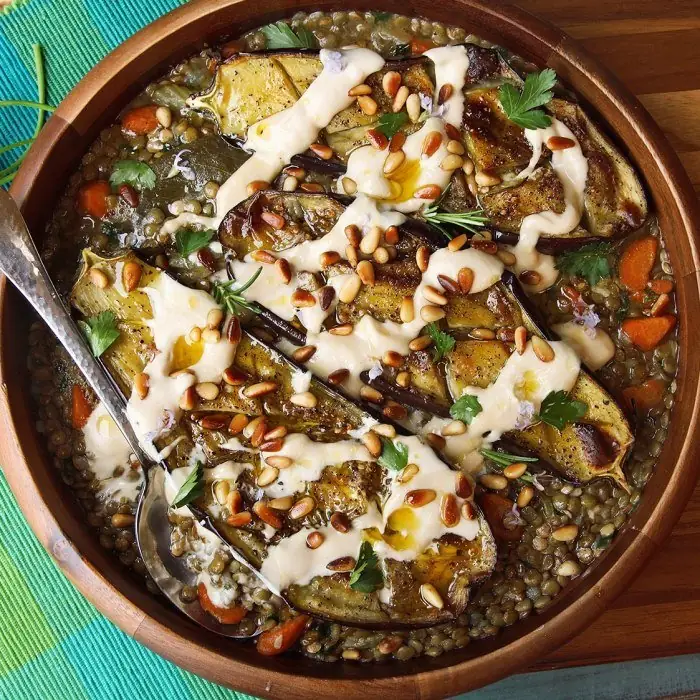 Charred Aubergine's Tahini Tango – Nutty & Lentil-Loaded
